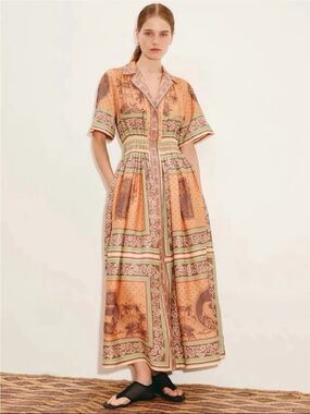 Sleeved Button-Front Printed Midi Dress in Peach